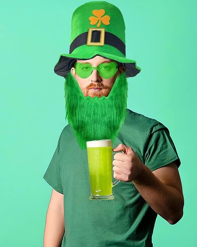 Wittocs Irish Hat and Beard Green Leprechaun Top Hat and Eyeglass St Patricks Day Costume Accessories in Kuwait