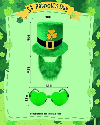 Wittocs Irish Hat and Beard Green Leprechaun Top Hat and Eyeglass St Patricks Day Costume Accessories in Kuwait