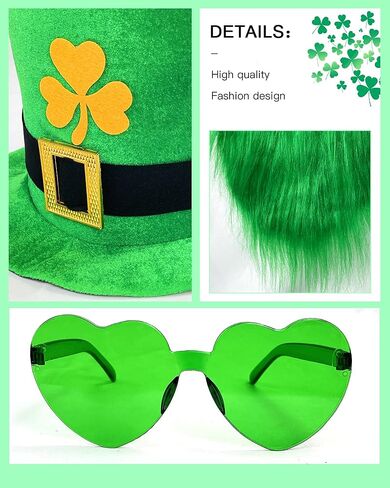 Wittocs Irish Hat and Beard Green Leprechaun Top Hat and Eyeglass St Patricks Day Costume Accessories in Kuwait