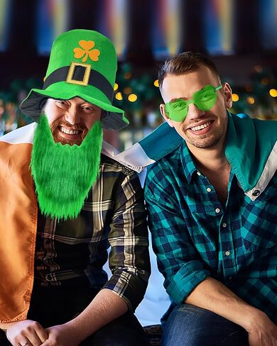 Wittocs Irish Hat and Beard Green Leprechaun Top Hat and Eyeglass St Patricks Day Costume Accessories in Kuwait