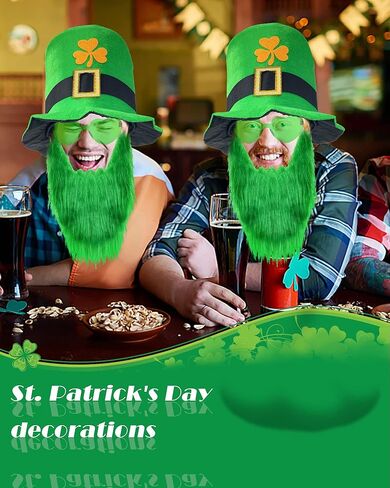 Wittocs Irish Hat and Beard Green Leprechaun Top Hat and Eyeglass St Patricks Day Costume Accessories in Kuwait