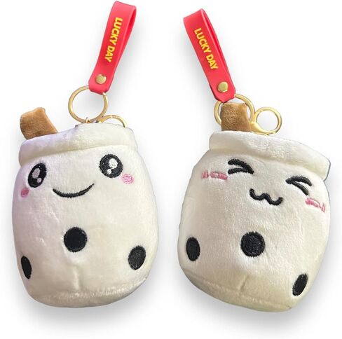 Pack of 2 - Boba/Bubble Tea Plush Cup Shaped Keychains - Versatile Ornament for Keys/Bags and Purses - Premium Plush and PP Cotton for Comfort & Durability - Height: 7" - (White - Smile/Wink Design) in Saudi Arabia