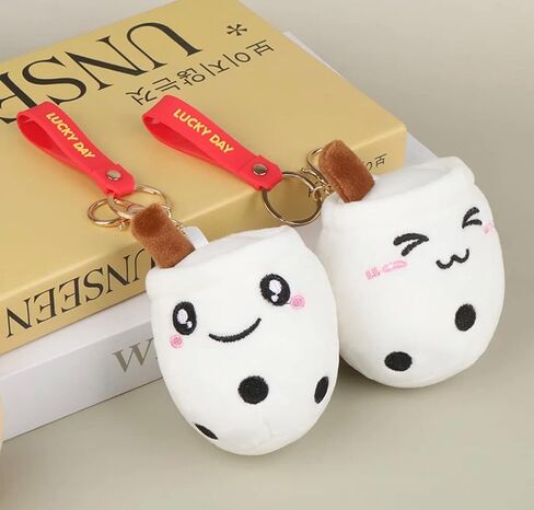 Pack of 2 - Boba/Bubble Tea Plush Cup Shaped Keychains - Versatile Ornament for Keys/Bags and Purses - Premium Plush and PP Cotton for Comfort & Durability - Height: 7" - (White - Smile/Wink Design) in Saudi Arabia