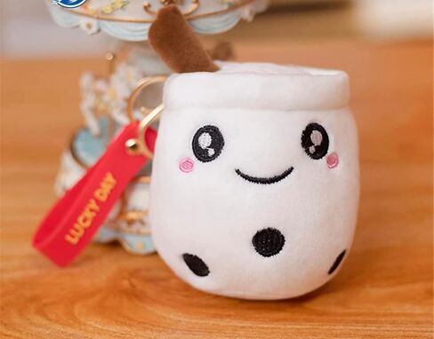 Pack of 2 - Boba/Bubble Tea Plush Cup Shaped Keychains - Versatile Ornament for Keys/Bags and Purses - Premium Plush and PP Cotton for Comfort & Durability - Height: 7" - (White - Smile/Wink Design) in Saudi Arabia