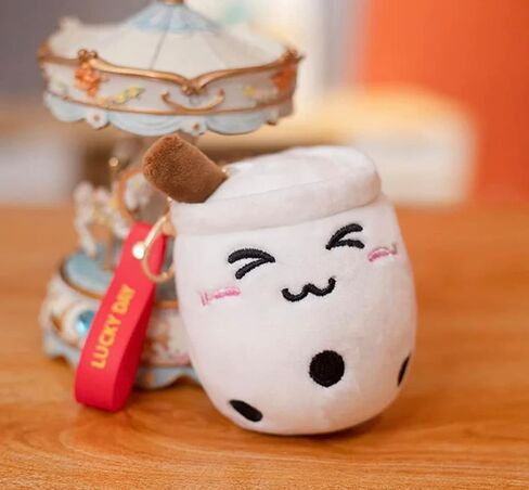 Pack of 2 - Boba/Bubble Tea Plush Cup Shaped Keychains - Versatile Ornament for Keys/Bags and Purses - Premium Plush and PP Cotton for Comfort & Durability - Height: 7" - (White - Smile/Wink Design) in Saudi Arabia