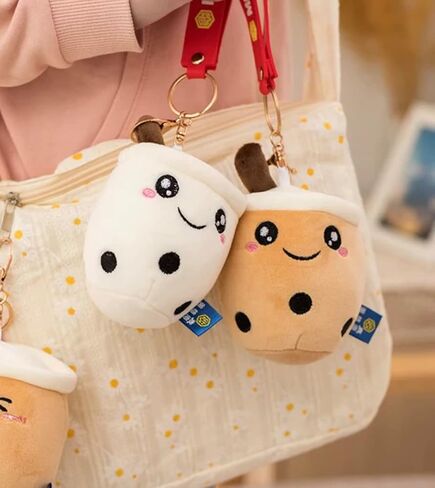 Pack of 2 - Boba/Bubble Tea Plush Cup Shaped Keychains - Versatile Ornament for Keys/Bags and Purses - Premium Plush and PP Cotton for Comfort & Durability - Height: 7" - (White - Smile/Wink Design) in Saudi Arabia