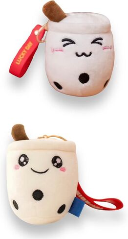 Pack of 2 - Boba/Bubble Tea Plush Cup Shaped Keychains - Versatile Ornament for Keys/Bags and Purses - Premium Plush and PP Cotton for Comfort & Durability - Height: 7" - (White - Smile/Wink Design) in Saudi Arabia