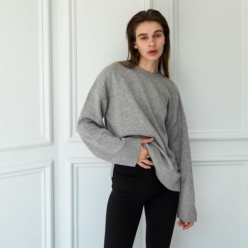 ستايت فيوجو سويتر صوف كشمير برقبة دائرية ضيقة بلوفر كبير الحجم للنساء بخياطة حرارية in Kuwait