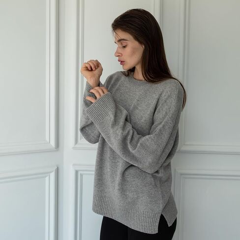 ستايت فيوجو سويتر صوف كشمير برقبة دائرية ضيقة بلوفر كبير الحجم للنساء بخياطة حرارية in Kuwait