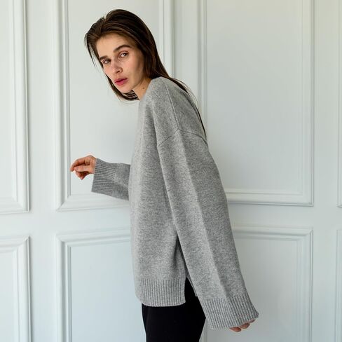 ستايت فيوجو سويتر صوف كشمير برقبة دائرية ضيقة بلوفر كبير الحجم للنساء بخياطة حرارية in Kuwait