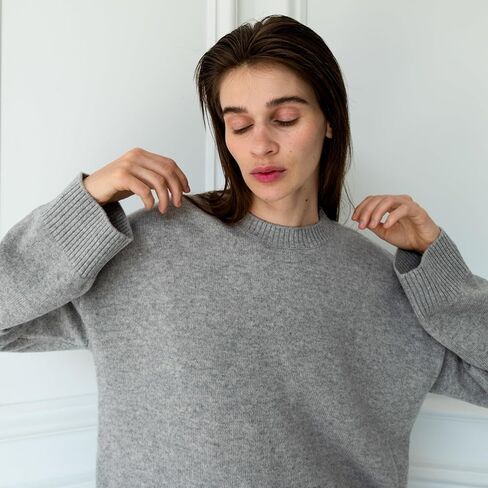 ستايت فيوجو سويتر صوف كشمير برقبة دائرية ضيقة بلوفر كبير الحجم للنساء بخياطة حرارية in Kuwait