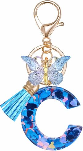 Mlouye A-Z سلاسل مفاتيح الحروف الأبجدية الأولية من الراتنج على شكل قلب الحب مع فراشة وشرابة لمفاتيح السيارة in Kuwait