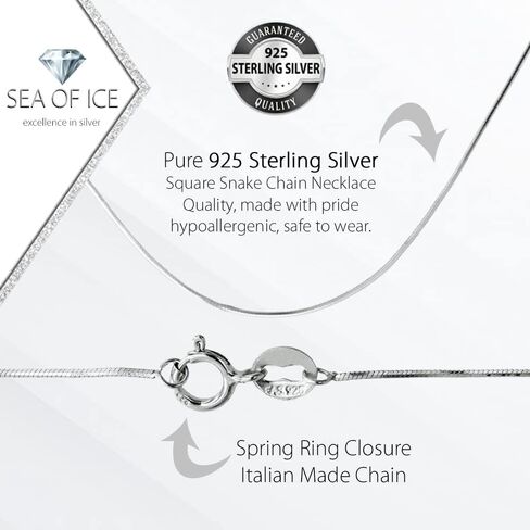 SEA OF ICE Sterling Silver 1mm Square Snake Chain Necklace For Women, Size 14" - 36" Italy in Saudi Arabia
