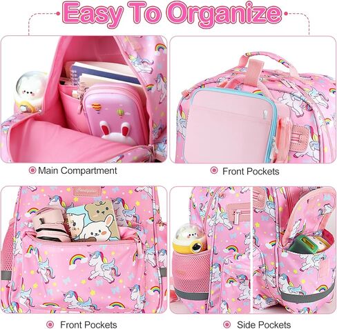 شنطة ظهر للاطفال البنات بعمر 4-6 سنوات من سيديكسياو | شنطة ظهر بالوان قوس قزح لمرحلة ما قبل المدرسة | شنطة كتب مدرسية لرياض الاطفال | احزمة مبطنة قابلة للتعديل وحلقة لحقيبة الغداء، زهري، مقاس M، طباعة in Kuwait