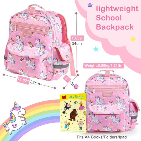 شنطة ظهر للاطفال البنات بعمر 4-6 سنوات من سيديكسياو | شنطة ظهر بالوان قوس قزح لمرحلة ما قبل المدرسة | شنطة كتب مدرسية لرياض الاطفال | احزمة مبطنة قابلة للتعديل وحلقة لحقيبة الغداء، زهري، مقاس M، طباعة in Kuwait