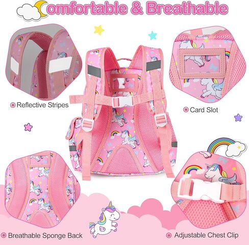 شنطة ظهر للاطفال البنات بعمر 4-6 سنوات من سيديكسياو | شنطة ظهر بالوان قوس قزح لمرحلة ما قبل المدرسة | شنطة كتب مدرسية لرياض الاطفال | احزمة مبطنة قابلة للتعديل وحلقة لحقيبة الغداء، زهري، مقاس M، طباعة in Kuwait