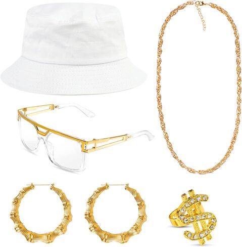 مجموعة أزياء الهيب هوب من التسعينيات، دلو نظارات شمسية شفافة وسلسلة ذهبية in Kuwait