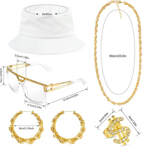 مجموعة أزياء الهيب هوب من التسعينيات، دلو نظارات شمسية شفافة وسلسلة ذهبية in Kuwait
