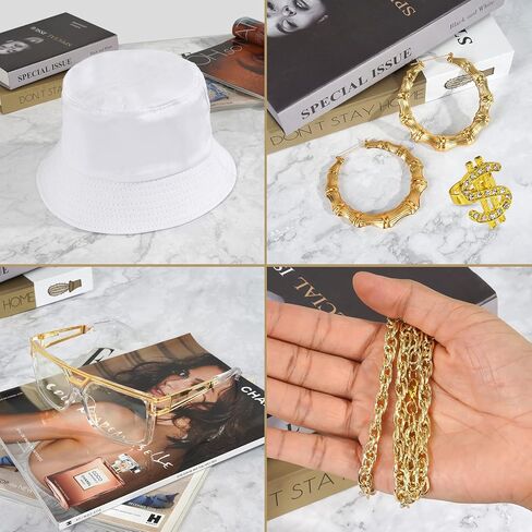 مجموعة أزياء الهيب هوب من التسعينيات، دلو نظارات شمسية شفافة وسلسلة ذهبية in Kuwait