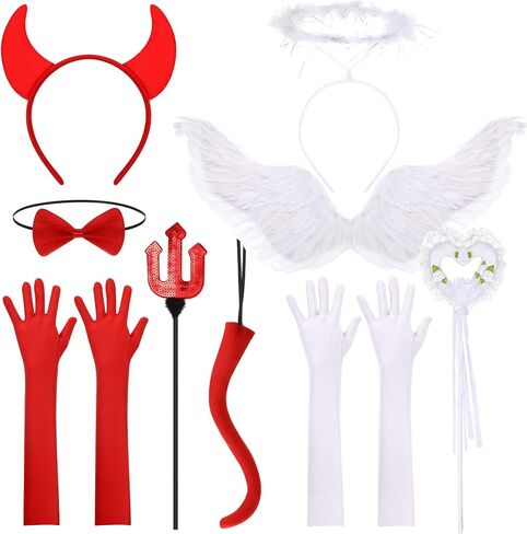 مجموعة أزياء Yingzhao المكونة من 9 قطع من أزياء Angel Devil تتضمن عصابة رأس على شكل قرن الشيطان وعصابة رأس وربطة عنق على شكل ذيل الشيطان وقفازات طويلة (أبيض، نمط حيوي) in Kuwait