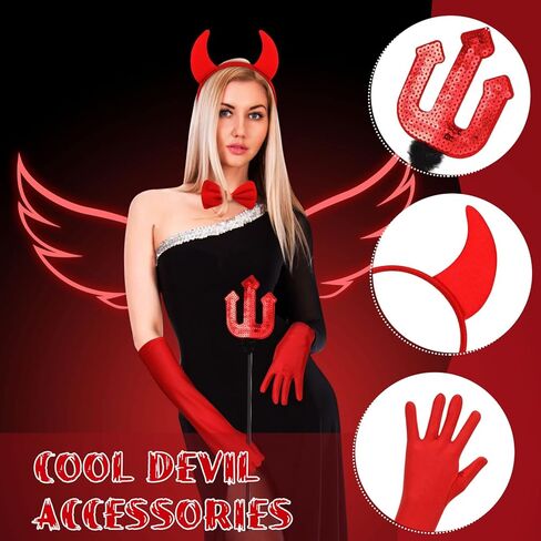 مجموعة أزياء Yingzhao المكونة من 9 قطع من أزياء Angel Devil تتضمن عصابة رأس على شكل قرن الشيطان وعصابة رأس وربطة عنق على شكل ذيل الشيطان وقفازات طويلة (أبيض، نمط حيوي) in Kuwait