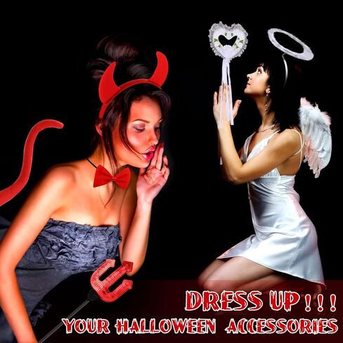 مجموعة أزياء Yingzhao المكونة من 9 قطع من أزياء Angel Devil تتضمن عصابة رأس على شكل قرن الشيطان وعصابة رأس وربطة عنق على شكل ذيل الشيطان وقفازات طويلة (أبيض، نمط حيوي) in Kuwait