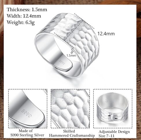 ميلاكولاتو خاتم فضة استرليني عيار 990 مصنوع يدويًا بتصميم قبة عريض ومصقول يدويًا للنساء والرجال، قابل للتعديل ليناسب مقاس 7-11 in Kuwait