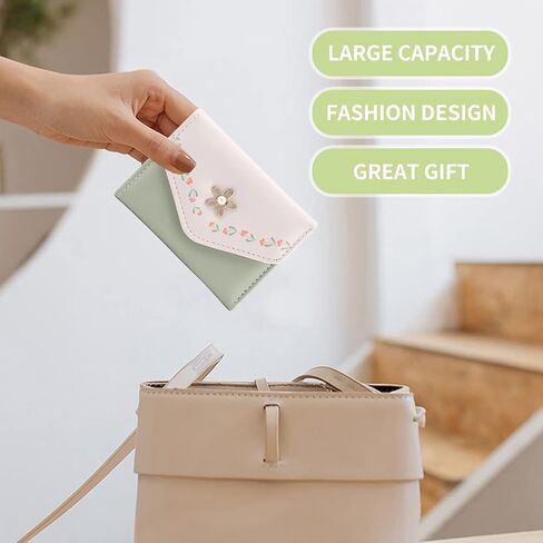 محفظة QOONESTL النسائية، قطعتان من جلد البولي يوريثان، محفظة جيب ثنائية الطي، محفظة لبطاقات الائتمان، حامل بطاقات للعملات المعدنية بزر كبس، محفظة صغيرة للنساء والفتيات (أصفر + أخضر فاتح، الحجم: 11 × 1.5 × 8 سم) in Kuwait