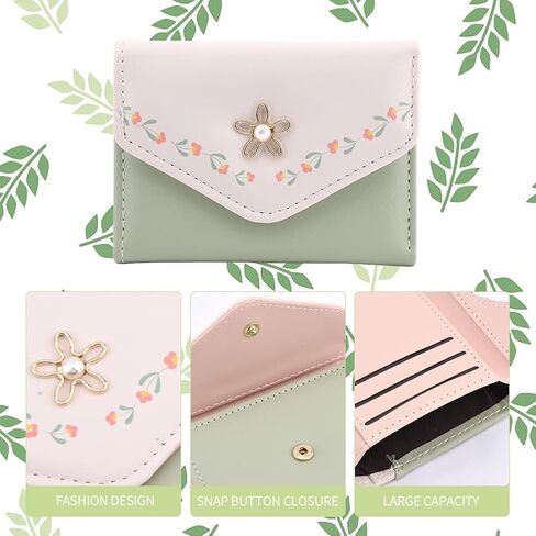 محفظة QOONESTL النسائية، قطعتان من جلد البولي يوريثان، محفظة جيب ثنائية الطي، محفظة لبطاقات الائتمان، حامل بطاقات للعملات المعدنية بزر كبس، محفظة صغيرة للنساء والفتيات (أصفر + أخضر فاتح، الحجم: 11 × 1.5 × 8 سم) in Kuwait