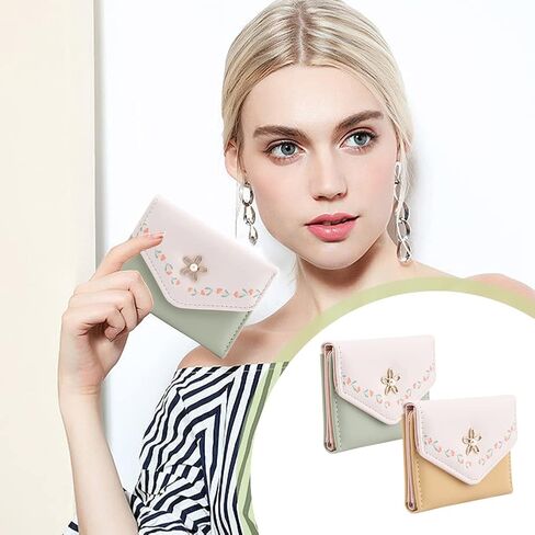 محفظة QOONESTL النسائية، قطعتان من جلد البولي يوريثان، محفظة جيب ثنائية الطي، محفظة لبطاقات الائتمان، حامل بطاقات للعملات المعدنية بزر كبس، محفظة صغيرة للنساء والفتيات (أصفر + أخضر فاتح، الحجم: 11 × 1.5 × 8 سم) in Kuwait