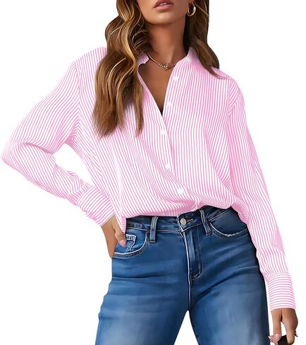 OMSJ Women's Striped Button Down Shirts Casual Long Sleeve Stylish Collared Office Work Blouses Tops in Saudi Arabia