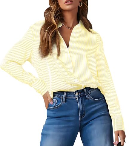 OMSJ Women's Striped Button Down Shirts Casual Long Sleeve Stylish Collared Office Work Blouses Tops in Saudi Arabia
