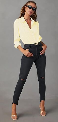 OMSJ Women's Striped Button Down Shirts Casual Long Sleeve Stylish Collared Office Work Blouses Tops in Saudi Arabia