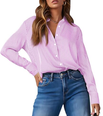 OMSJ Women's Striped Button Down Shirts Casual Long Sleeve Stylish Collared Office Work Blouses Tops in Saudi Arabia