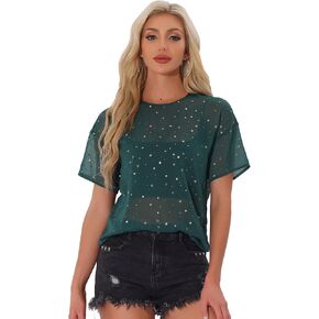 قمصان Allegra K Sheer Star لملابس الحفلات الموسيقية النسائية بأكمام قصيرة وحفلات شفافة