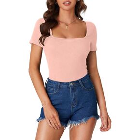 LYANER Women's Short Sleeve Square Neck Slim Fit Classic T Shirt Blouse Top Tee