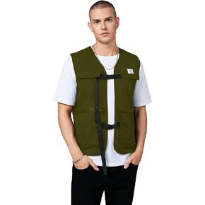 Verdusa Men's Utility Cargo Vest Pocket Front Buckle Safari Fishing Coat Jacket