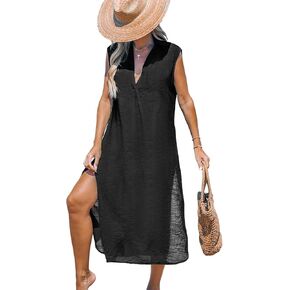 CUPSHE Women's Casual Sleeveless Side Split Long Cardigans V Neck Swimsuit Cover Up Long Beach Dress