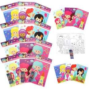 TINYMILLS Mermaids Under the Sea Coloring Book Set with 12 Coloring Books and 48 Crayons Mermaids Birthday Party Supplies Favor Bag Filler Carnival Prizes Rewards
