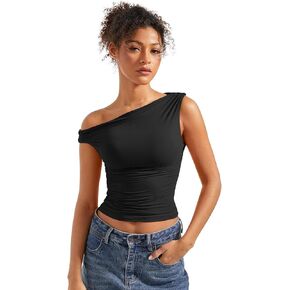 SUUKSESS Women Off Shoulder Tops Sleeveless Shirts Y2K Trendy Going Out Crop Tank Top (Black,L)