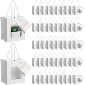 Fuutreo 50 Pcs White Kraft Paper Gift Bags with Window, Handles & Tags for Wedding, Valentine's, Mother's Day Gift Wrap(4 x 2.75 x 4.5 In)