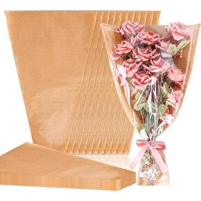 Whaline 50Pcs Flower Kraft Wrapping Bags Large Clear Floral Bouquet Cellophane Sleeves Florist Packaging Decor Supplies for Father's Day Graduation Wedding Anniversary, 4.7 x 14.6 x 22.4 Inch