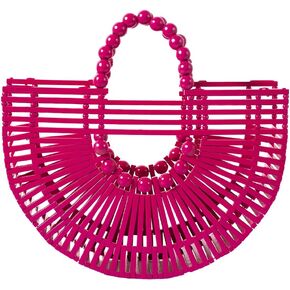 Womens Bamboo Handbags with Wooden Beads Tote Bag, Handmade Straw Bag for Summer Beach