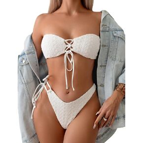 SHENHE Women's 2 Piece Swimsuit Textured Lace Up Strapless Bandeau Tie Side High Cut Bikini Set