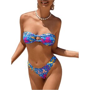 SHENHE Women's Floral 2 Piece Swimsuit Strapless Cut Out Bandeau Cheeky Bikini Set