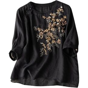 FindThy Women's Floral Embroidery Linen Shirts 3/4 Sleeve Round Neck Babydoll Tops Blouses