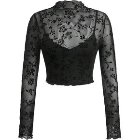 MakeMeChic Women's Long Sleeve Glitter See Through Sheer Mesh Tee Shirt Blouse Top