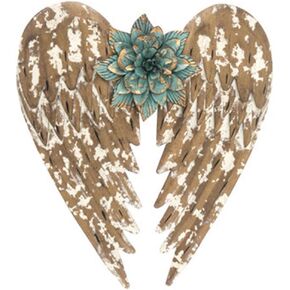 معرض ميشن جاليري مقاس 14.5 بوصة ديكور فني جداري من المعدن الذهبي المتعثر - إكليل أجنحة الملاك المعلق العتيق مع منحوتة حائط على شكل زهرة معدنية فيروزية in Kuwait