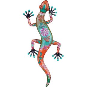 Deco 79 Metal Lizard Home Wall Decor Indoor Outdoor Floral Patterned Wall Sculpture with Teal and Pink Accents, Wall Art 18" x 3" x 33", Orange