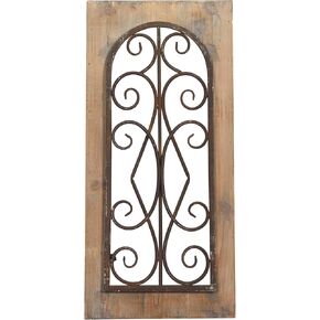 Deco 79 Wood Scroll Home Wall Decor Window Inspired Wall Sculpture with Metal Scrollwork Relief, Wall Art 11" x 2" x 23", Brown